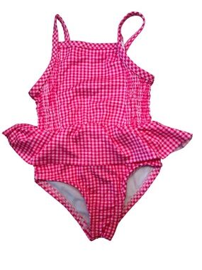 Girl's PENELOPE MACK suimsuit One Piece Size 2 T Pink & white gingham ruffle